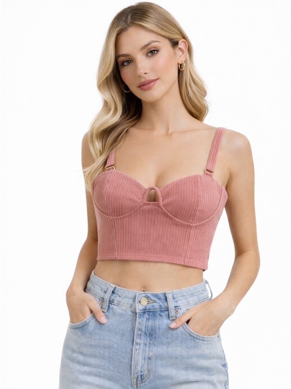 Rose Velvet Ribbed Bustier Crop Top Dusty Pink Corset Style NWT